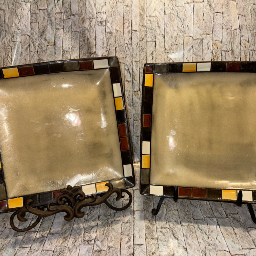 Square Mosaic Dinner Plates - Cream and Multicolor